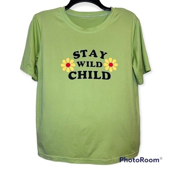 Women’s “Stay Wild Child” Green Soft Short Sleeve Graphic Tee - Picture 1 of 5